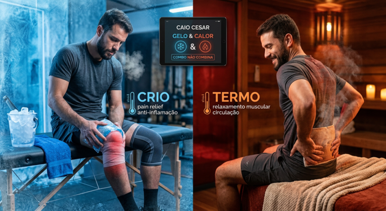 Pessoa aplicando compressas de gelo e calor em diferentes músculos para recuperação física, seguindo o guia 'Combo Gelo e Calor' de Caio Cesar.