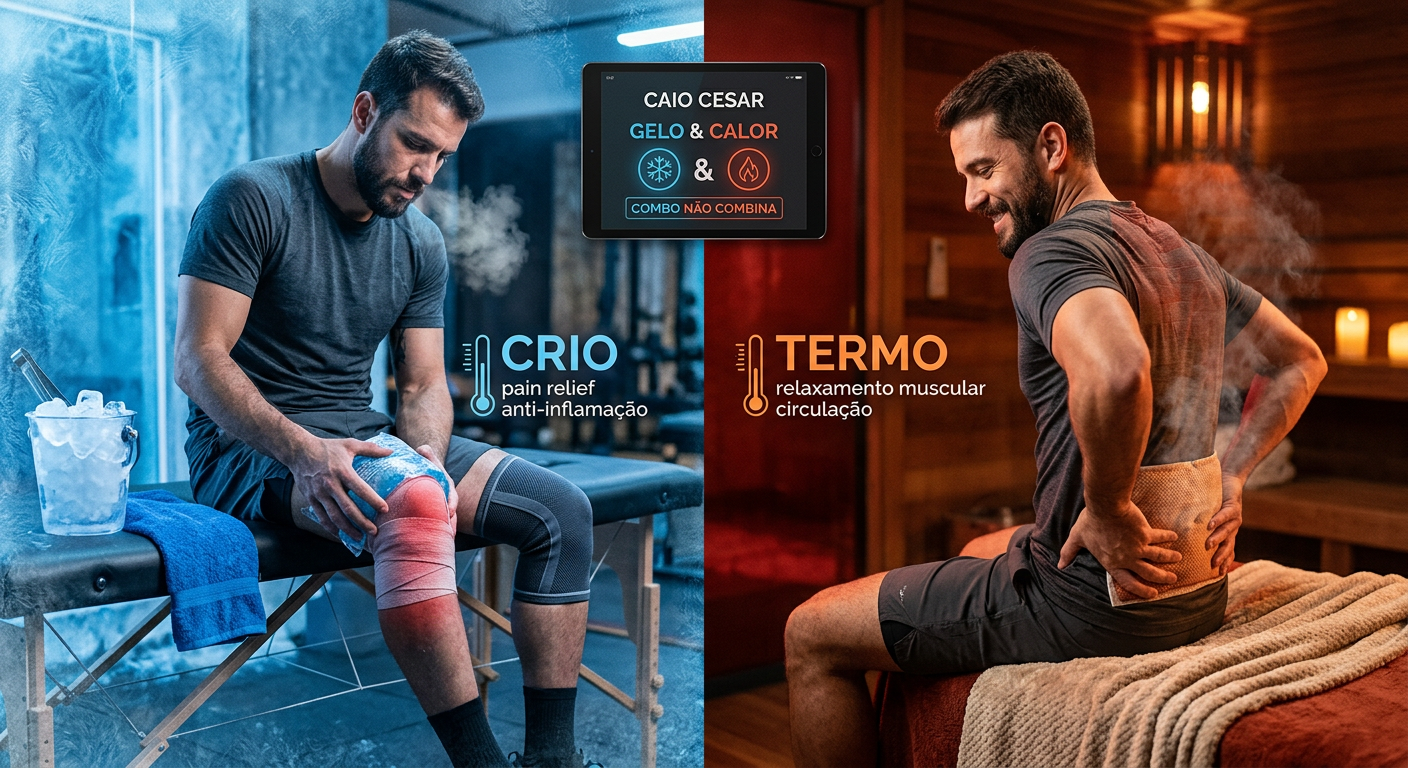 Pessoa aplicando compressas de gelo e calor em diferentes músculos para recuperação física, seguindo o guia 'Combo Gelo e Calor' de Caio Cesar.