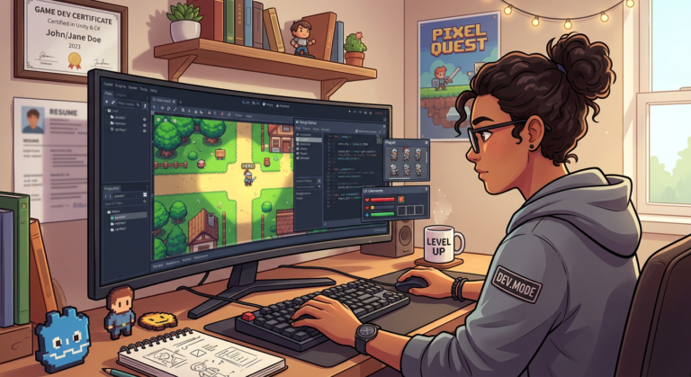 Pessoa desenvolvendo um jogo 2D RPG pixel art em um computador, com elementos de código e um certificado sutil ao fundo, pensando no impacto no currículo.