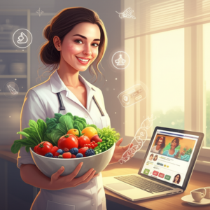 Ilustração de uma nutricionista em uma cozinha com alimentos frescos e um laptop exibindo a comunidade online da Comunidade Antiacne, simbolizando nutrição e suporte para combater a acne.