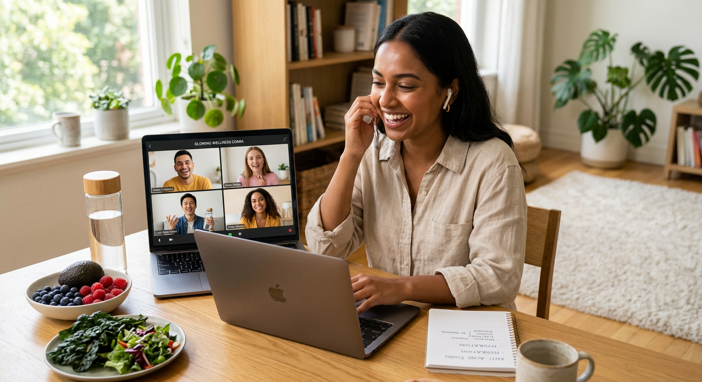 Grupo diversificado de jovens adultos com pele saudável interagindo online, simbolizando a Comunidade Antiacne e o suporte para mudança de estilo de vida através da nutrição.