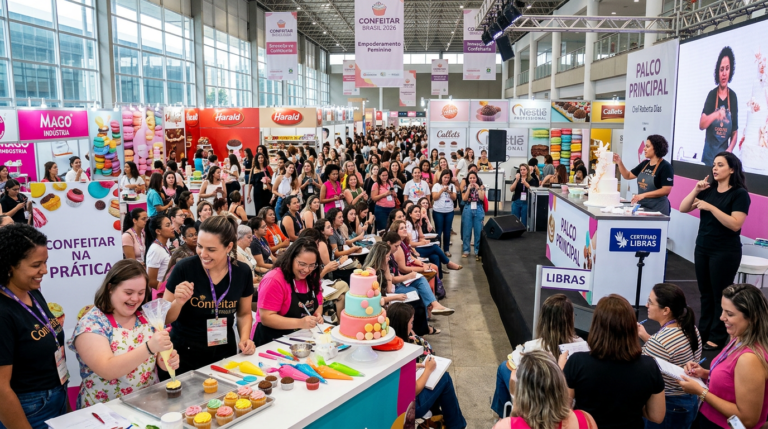 Mulheres empreendedoras participando ativamente do Confeitar Brasil 2026, com aulas de confeitaria, networking e inclusão social em um evento vibrante no Expominas BH.