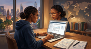 Estudante internacional focada usando o CRM Redação Medicina em seu laptop, com símbolos médicos e um mapa-múndi ao fundo.