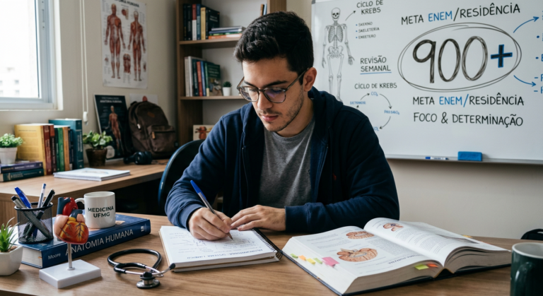 Estudante focado escrevendo redação com elementos de medicina e nota 900+ ao fundo, simbolizando sucesso em vestibulares.