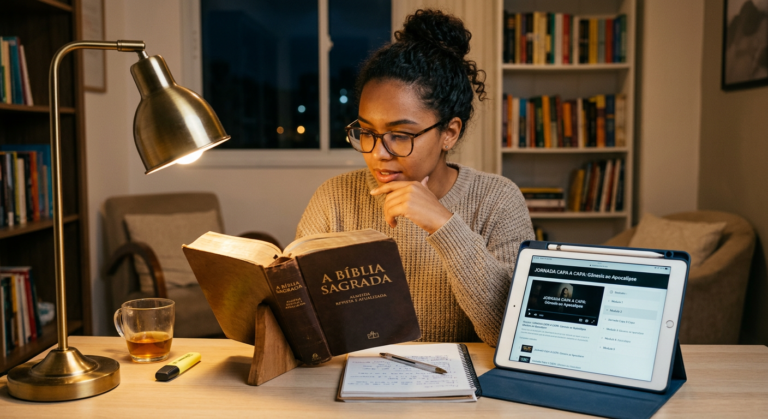 Pessoa estudando a Bíblia aberta com um tablet ou computador ao lado, simbolizando o aprendizado profundo e detalhado do curso 'Conheça Sua Bíblia Capa a Capa' de Gênesis a Apocalipse.