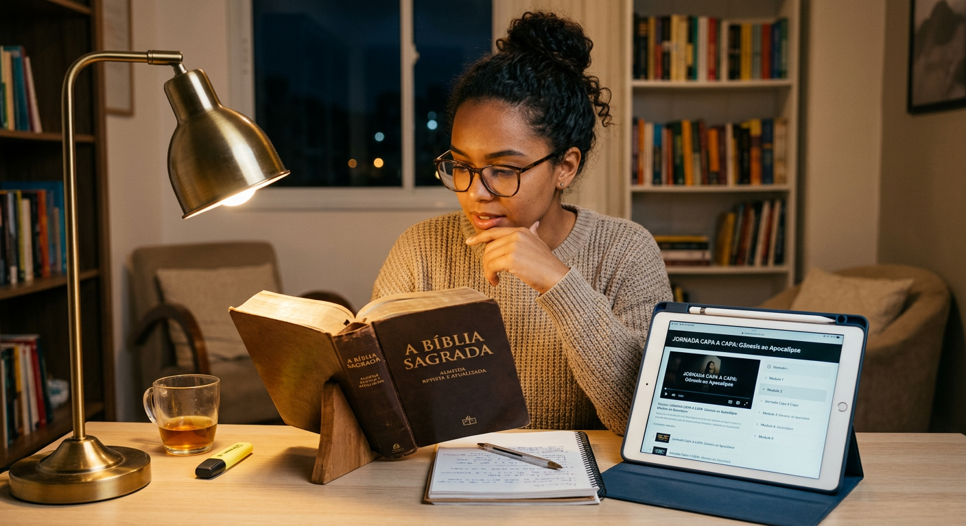 Pessoa estudando a Bíblia aberta com um tablet ou computador ao lado, simbolizando o aprendizado profundo e detalhado do curso 'Conheça Sua Bíblia Capa a Capa' de Gênesis a Apocalipse.