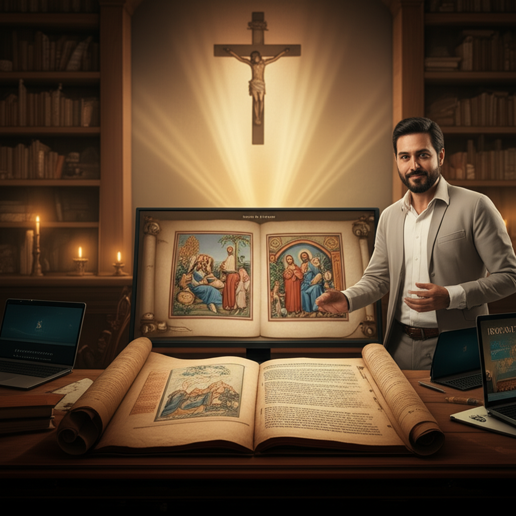 Rodrigo Álvarez ensinando sobre Jesus em um ambiente que combina biblioteca histórica e tecnologia moderna, com manuscritos antigos e tela digital ao fundo.