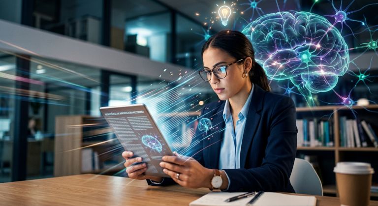 Pessoa lendo rapidamente com foco intenso, simbolizando a metodologia de Leitura Dinâmica Metaleitura com base na neurociência para maior compreensão e retenção.