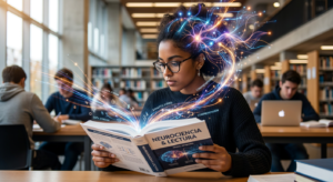 Pessoa concentrada em leitura acelerada, com elementos visuais de neurociência e processamento cognitivo, representando o método Metaleitura.