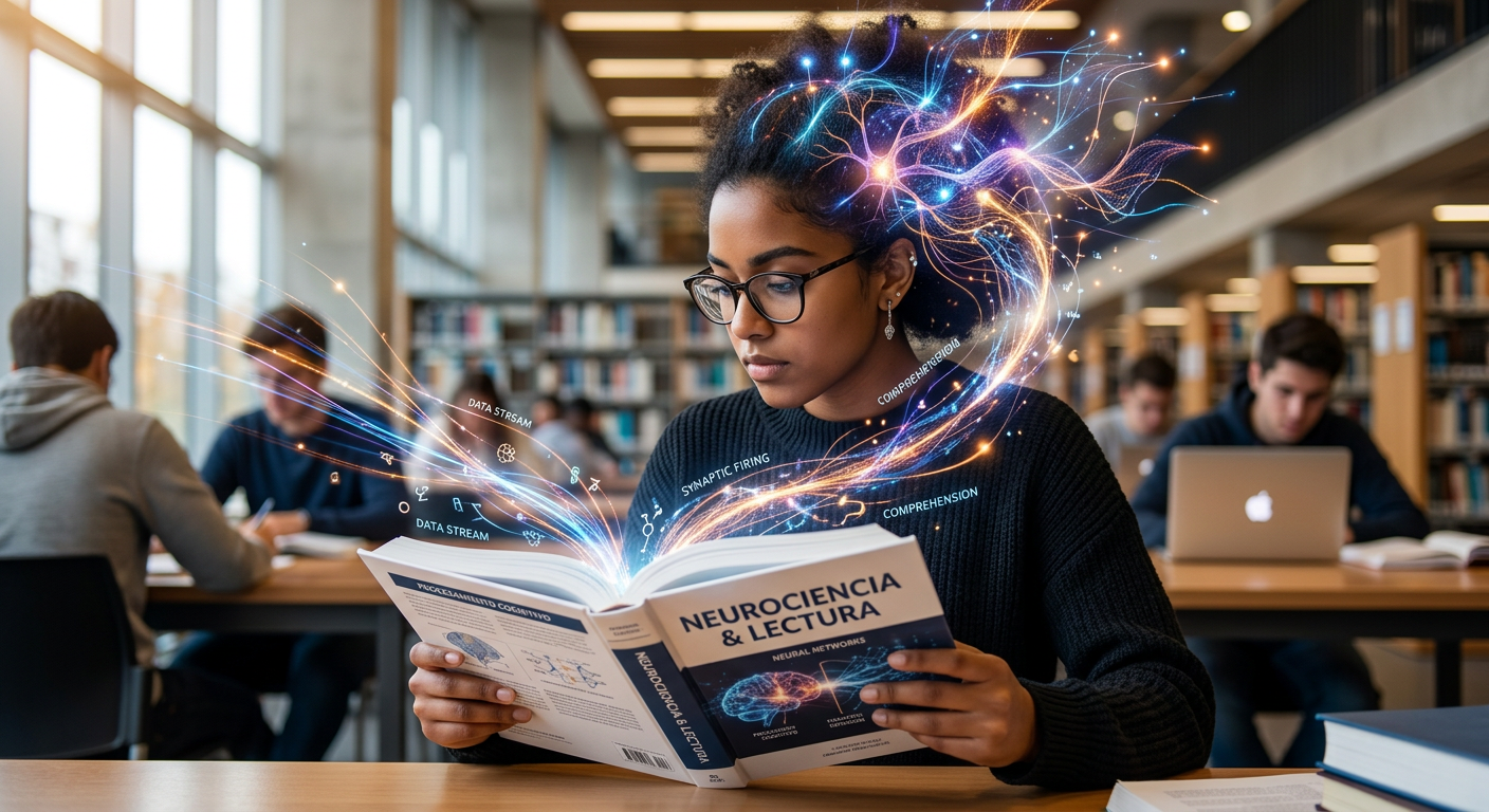 Pessoa concentrada em leitura acelerada, com elementos visuais de neurociência e processamento cognitivo, representando o método Metaleitura.