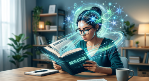 Imagem conceitual de uma pessoa lendo um livro ou tablet com linhas de velocidade e elementos gráficos que representam foco cerebral e compreensão profunda. Simboliza o Curso Leitura Dinâmica Metaleitura (LDE) de Renato Alves, focado em acelerar a leitura e a retenção.