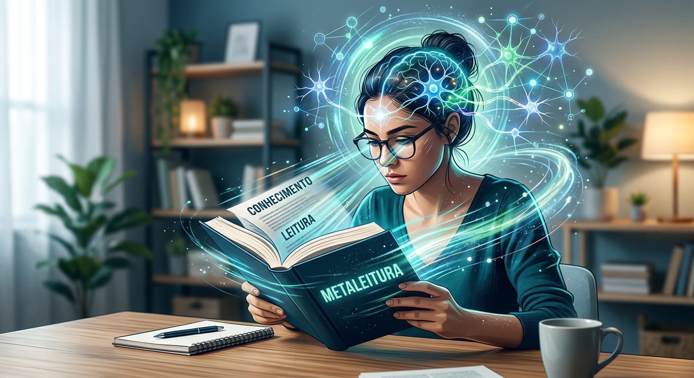 Imagem conceitual de uma pessoa lendo um livro ou tablet com linhas de velocidade e elementos gráficos que representam foco cerebral e compreensão profunda. Simboliza o Curso Leitura Dinâmica Metaleitura (LDE) de Renato Alves, focado em acelerar a leitura e a retenção.