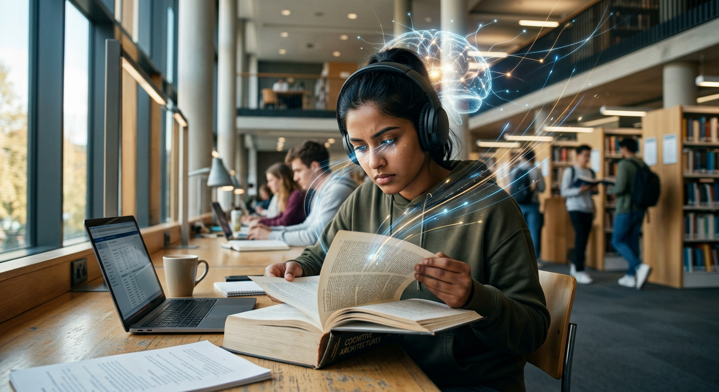 Estudante concentrado lendo rapidamente um livro com efeitos visuais de velocidade e sinapses cerebrais, simbolizando o Curso Leitura Dinâmica Metaleitura (LDE) de Renato Alves.