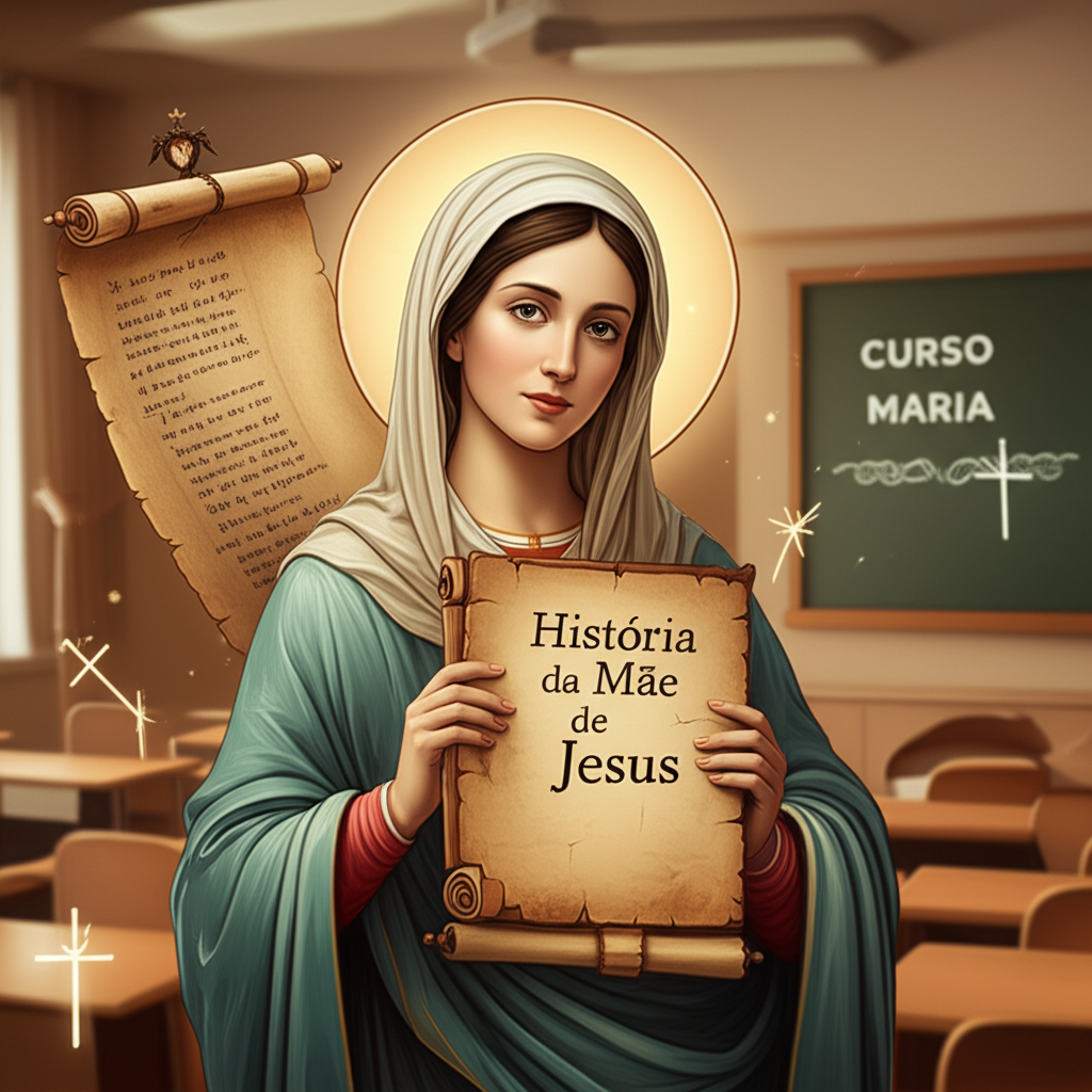 Ilustração da Virgem Maria segurando um manuscrito histórico em um ambiente de aula moderna, representando o Curso Maria sobre a história da Mãe de Jesus.