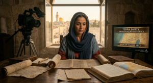 Imagem de Maria, mãe de Jesus, com elementos históricos como pergaminhos e mapas, e sutis referências a um curso online ou documentário, simbolizando a união de fé e pesquisa.