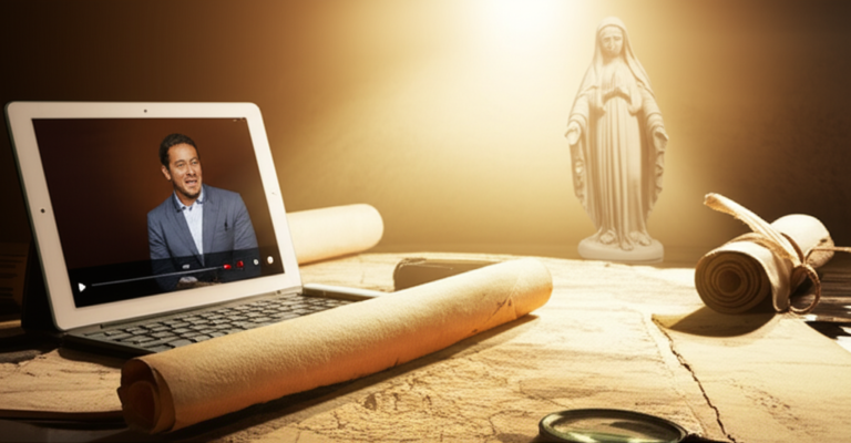 Representação visual do 'Curso Maria Mãe de Jesus', com pergaminhos antigos e mapas históricos em primeiro plano, simbolizando pesquisa, e um tablet exibindo conteúdo online, representando o aprendizado atualizado e documental da vida de Maria.