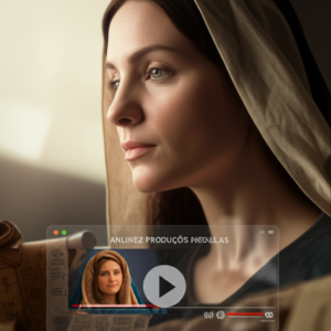 Imagem que mescla a representação clássica de Maria, mãe de Jesus, com elementos visuais de uma interface de vídeo digital, simbolizando um curso online e sua análise técnica de velocidade.