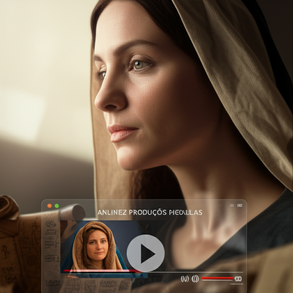 Imagem que mescla a representação clássica de Maria, mãe de Jesus, com elementos visuais de uma interface de vídeo digital, simbolizando um curso online e sua análise técnica de velocidade.