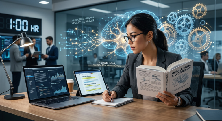 Pessoa lendo rapidamente com foco, cercada por livros e telas, simbolizando leitura dinâmica Metaleitura e neurociência. Imagem do curso Renato Alves.