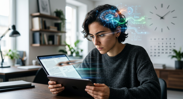Pessoa lendo rapidamente com efeitos visuais de velocidade e concentração, simbolizando leitura dinâmica e aprendizado gradual do curso Metaleitura.