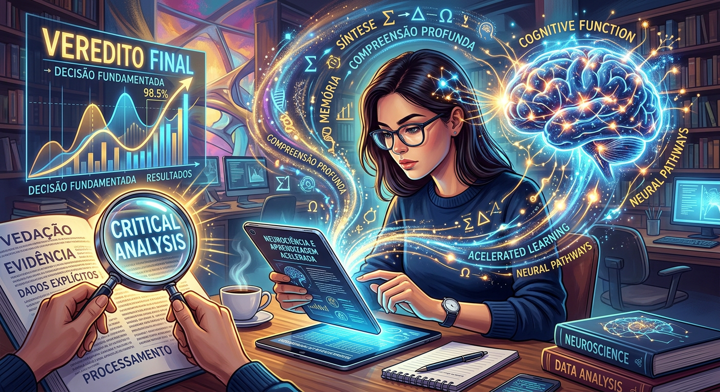 Pessoa lendo livro ou tablet em alta velocidade, com elementos visuais de cérebro ativo, redes neurais e análise de dados, simbolizando o Curso Metaleitura e seu veredito.