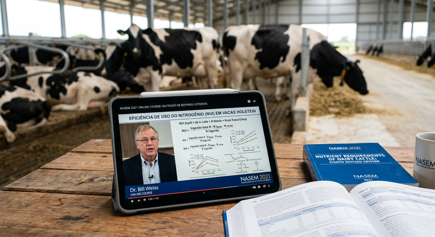 Profissional assistindo curso online NASEM 2021 sobre nutrição de bovinos leiteiros em tablet, com vacas e livro NASEM ao fundo.