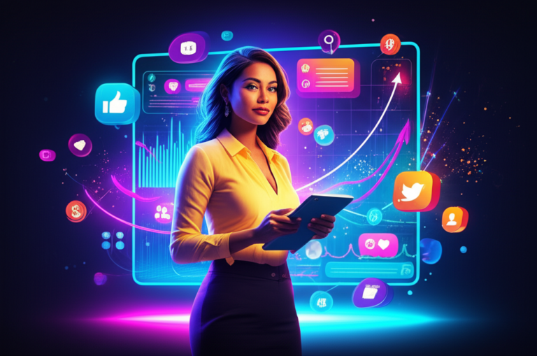 Ilustração de Andrea Mazeto apresentando estratégias de viralização com ícones de redes sociais, gráficos em ascensão e efeitos digitais vibrantes.