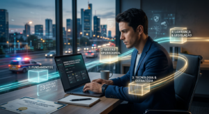 Pessoa estudando em laptop com elementos de segurança pública e privada, módulos iluminando progressivamente e um certificado, simbolizando curso superior sequencial rápido.