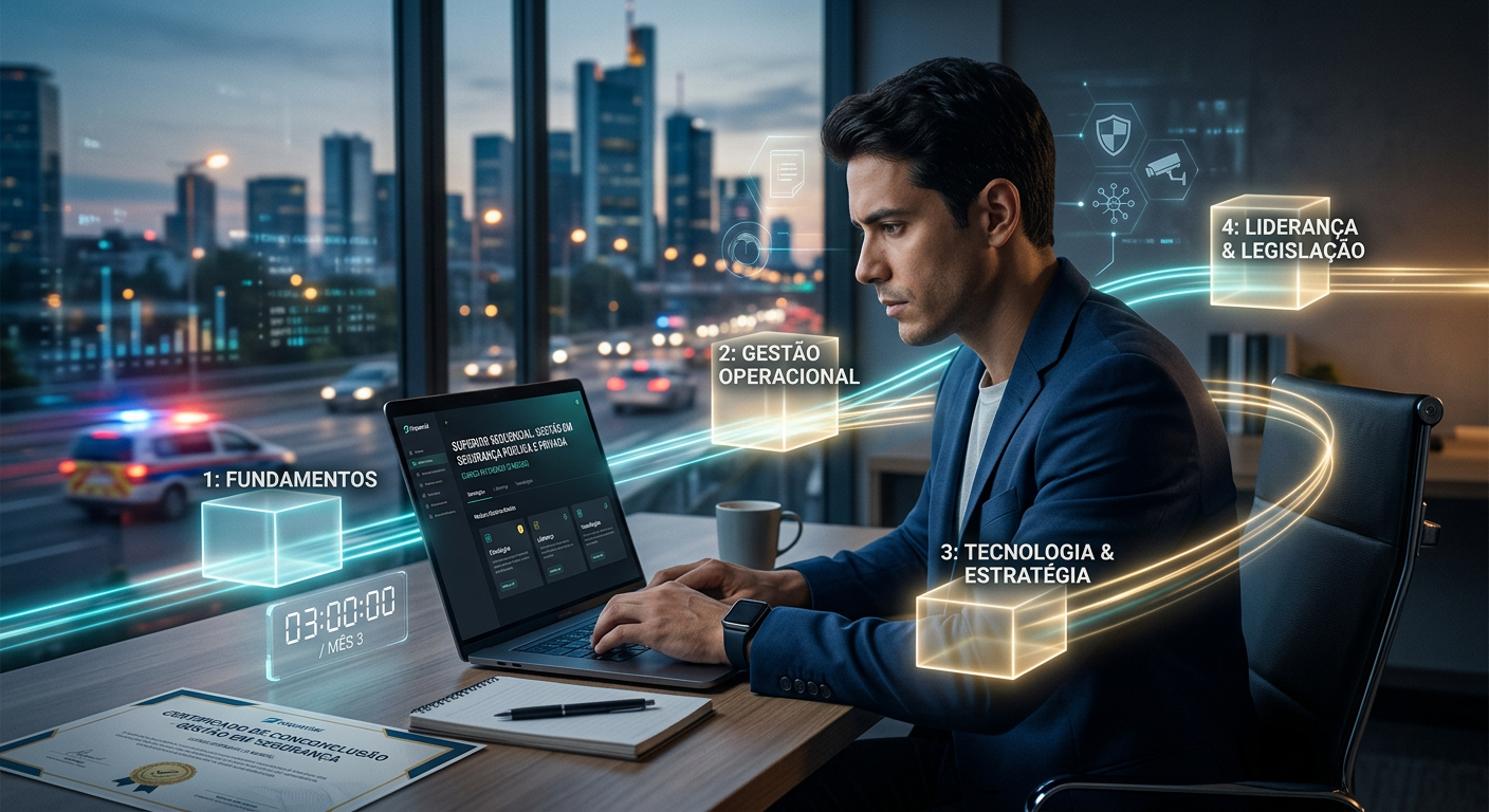 Pessoa estudando em laptop com elementos de segurança pública e privada, módulos iluminando progressivamente e um certificado, simbolizando curso superior sequencial rápido.