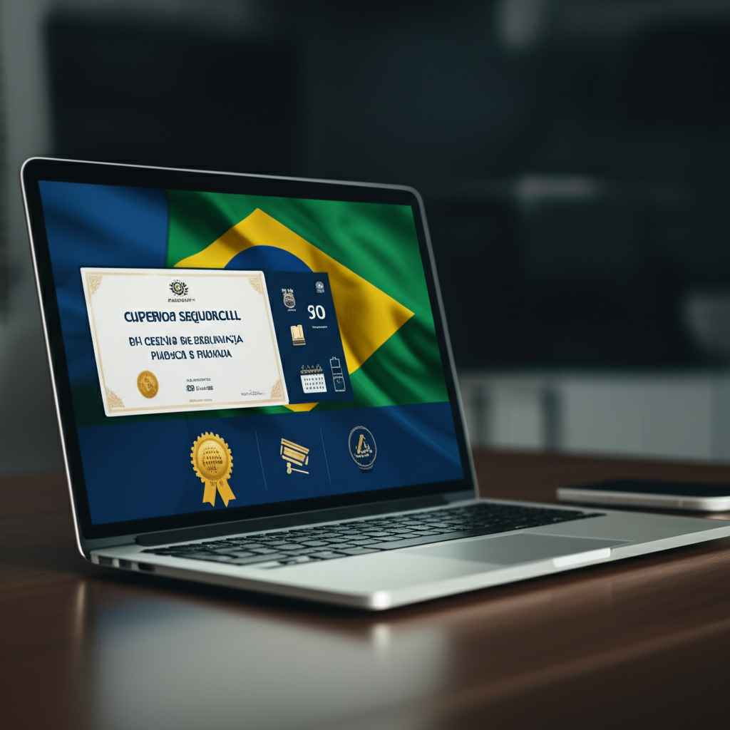 Ilustração do curso Superior Sequencial de Gestão em Segurança Pública e Privada (3 meses, EAD) do Instituto Oliver, com certificado digital, calendário de 90 dias e símbolos de segurança pública.