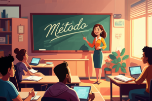 Professora Taynã Gauche apresentando seu método de ensino em uma sala de aula moderna.