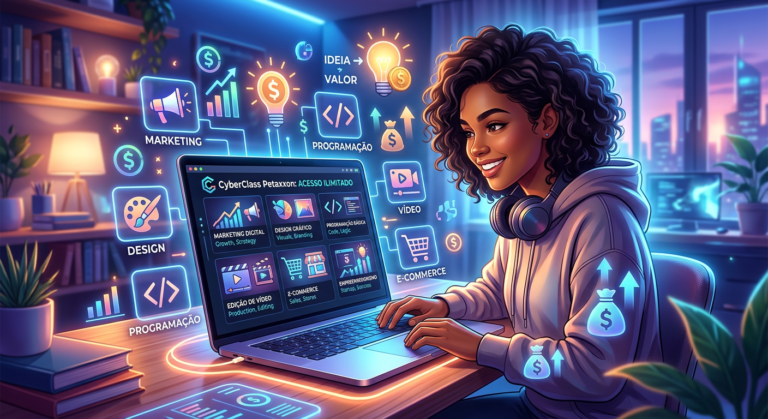 Pessoa utilizando a plataforma CyberClass Petaxxon em um laptop, com ícones de habilidades digitais e monetização ao redor, representando o acesso ilimitado a cursos.