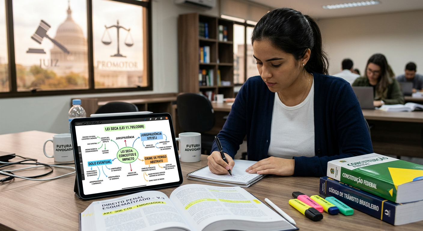 Estudante de Direito focado em mapa mental digital para memorização de Lei Seca e jurisprudência, usando a Assinatura Vitalícia Decorando a Lei Seca para carreiras jurídicas.