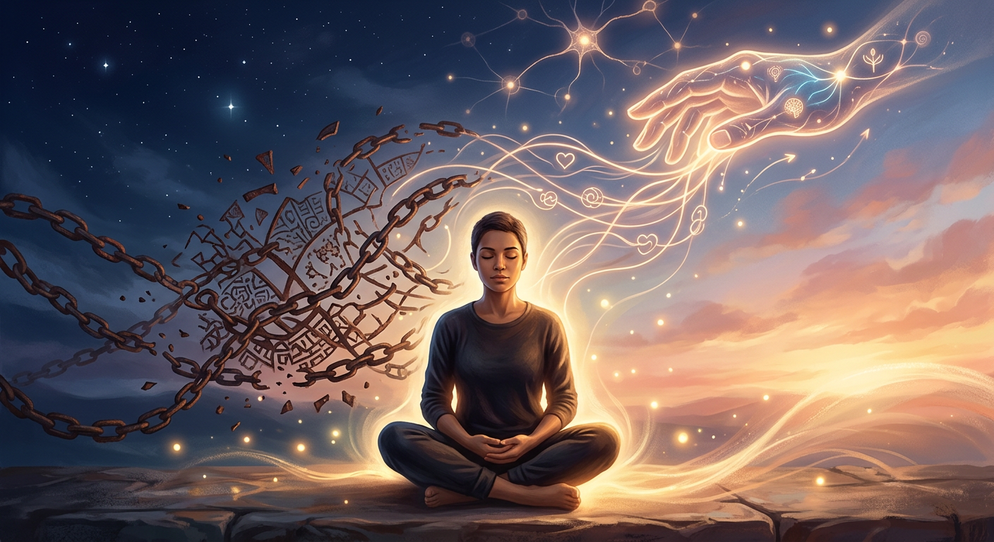 Pessoa em ambiente noturno tranquilo, simbolizando suporte emocional na madrugada para reprogramação de apego, com luzes que representam transformação e cura.