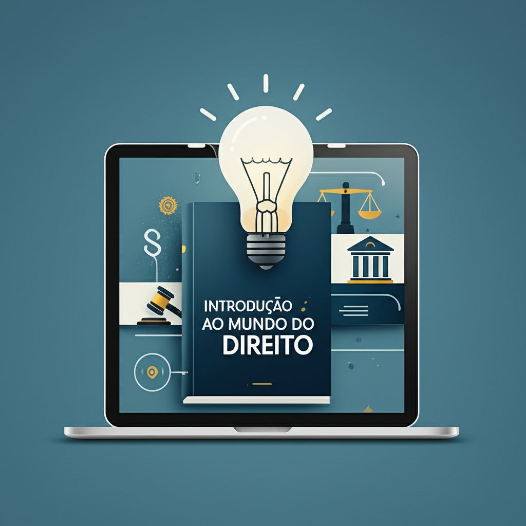 eBook 'Introdução ao Mundo do Direito' em um tablet, simbolizando a simplificação e clareza para iniciantes no estudo jurídico.