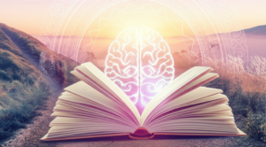 Ilustração de um nascer do sol sobre um caminho nas montanhas, um livro aberto com um cérebro iluminado emergindo, simbolizando o despertar da consciência e o aprendizado de desenvolvimento pessoal.