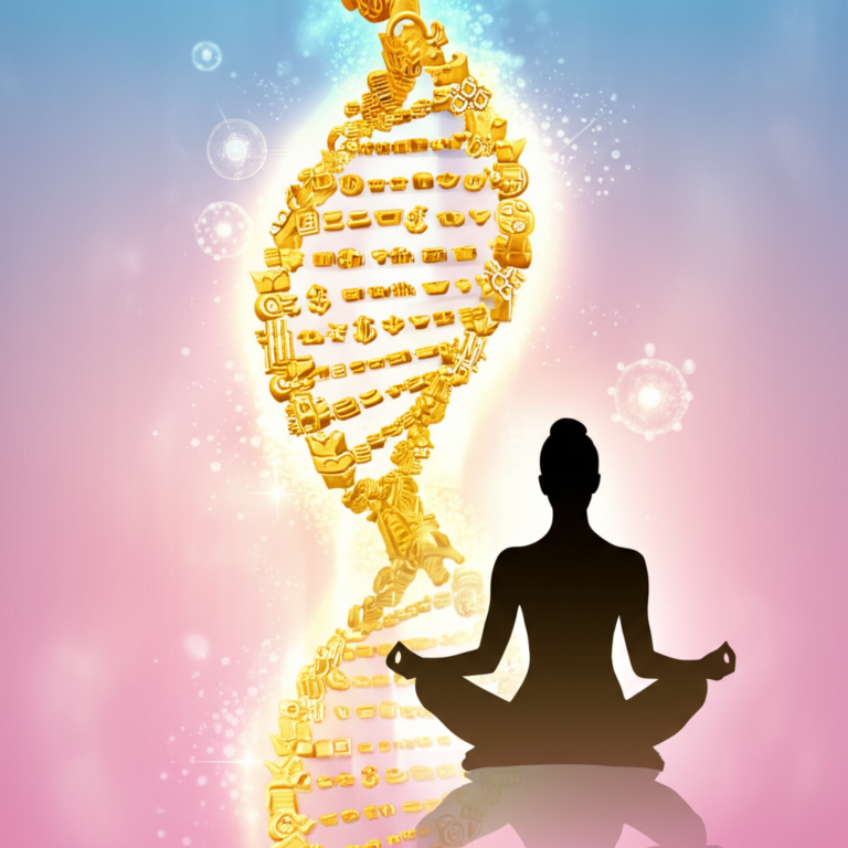 Ilustração de uma hélice de DNA dourada simbolizando prosperidade, com partículas quânticas e silhueta de mulher meditando, representando o curso 'Ativando a Prosperidade - DNA do Super Humano'.