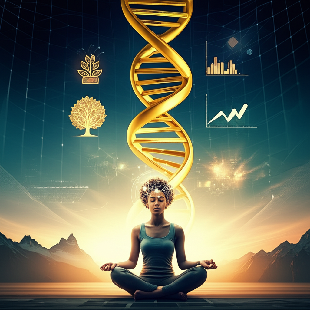 Ilustração de uma hélice de DNA dourada rodeada por símbolos de prosperidade e uma pessoa meditando, com fundo de montanhas suíças ao nascer do sol, representando o curso "Ativando a Prosperidade - DNA do Super Humano".