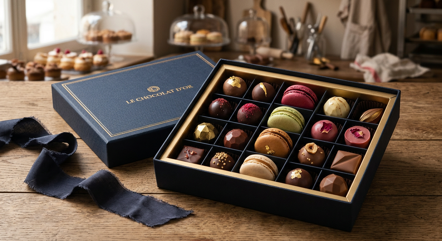 Caixa elegante com doces finos e sofisticados de Ísis Alvarez, perfeitos para presentear, com laço de fita dourado e embalagem de luxo.