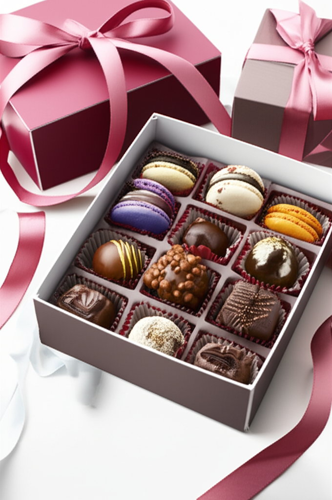 Doces finos e gourmet, como macarons e brigadeiros, apresentados em embalagens de presente sofisticadas, destacando a qualidade e técnica ensinadas por Ísis Alvarez.