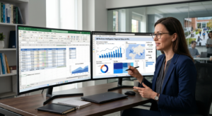 Pessoa analisando dados em telas de computador com Excel e Power BI, representando a aplicação do curso para professores e profissionais de dados.