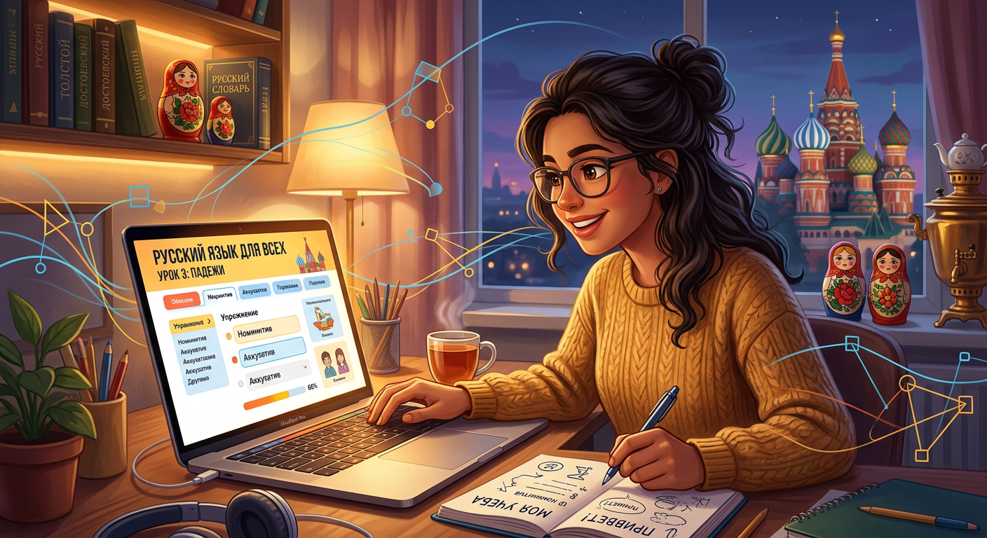 Estudante aprendendo russo com o Curso Vem a Mim Língua Russa em plataforma online, com caracteres cirílicos e elementos culturais russos ao fundo.