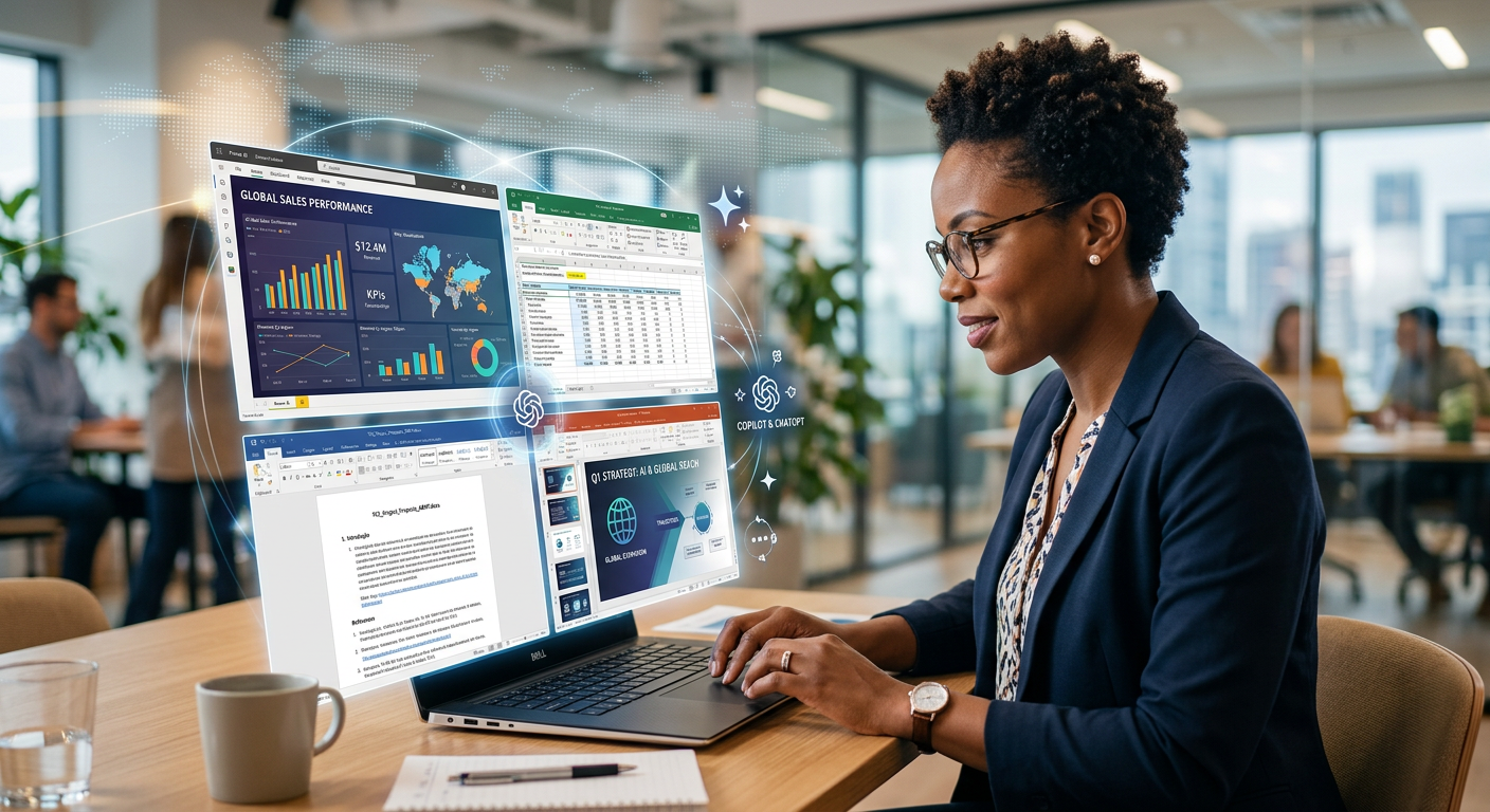 Profissional usando Pacote Office e Power BI no laptop, com visualização de dados, IA (ChatGPT/Copilot) e fundo global, representando o domínio de ferramentas para a carreira.
