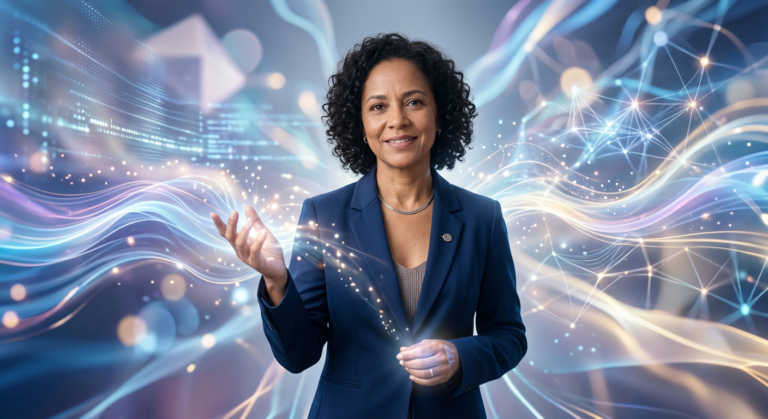 Dra. Andréa Vermont, mulher de meia-idade, sorrindo e olhando para a câmera, com elementos gráficos abstratos em tons de azul, roxo e branco que representam pensamentos e emoções ao fundo, em um contexto digital. Foco na Imersão Tradutor de Almas.