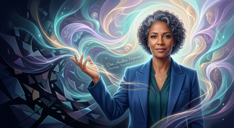 Dra. Andréa Vermont em uma imagem conceitual, representando a cura e transformação de traumas através da 'Imersão Tradutor de Almas'.