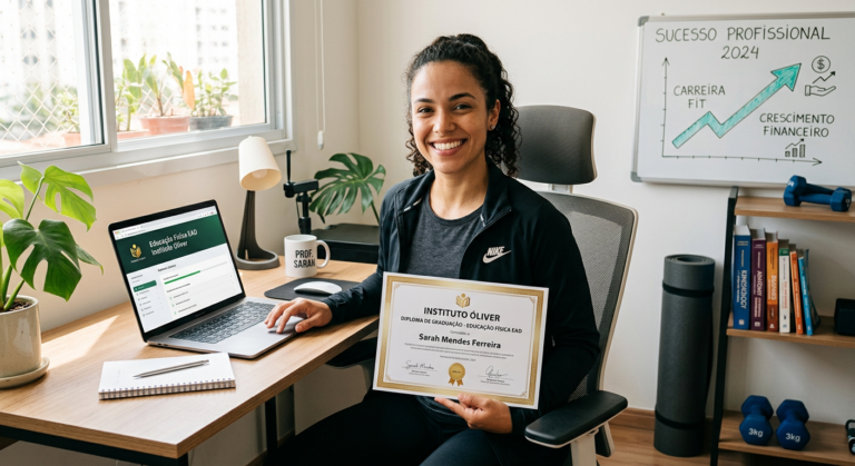 Profissional de Educação Física EAD com laptop e certificado do Instituto Óliver, simbolizando crescimento de carreira e salário.