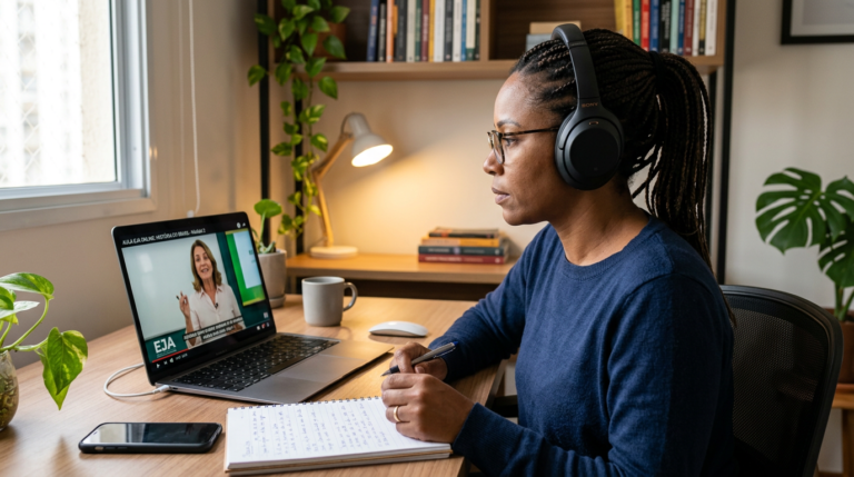 Pessoa adulta estudando EJA online do Instituto Óliver em um notebook, com fones de ouvido, assistindo a uma aula de vídeo de alta qualidade. A imagem representa a discussão sobre o custo-benefício da qualidade audiovisual no EAD.