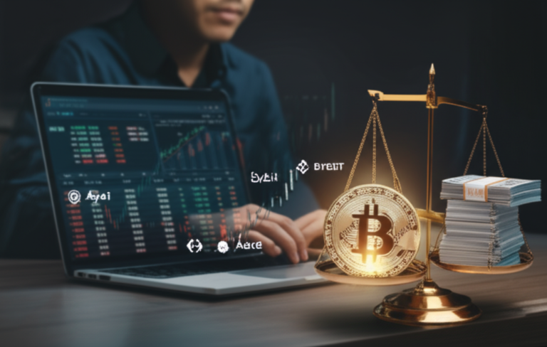 Ilustração de um empréstimo colateralizado em Bitcoin, com BTC equilibrado contra USDT e dinheiro, mostrando plataformas Bybit, Bitget e Aave.