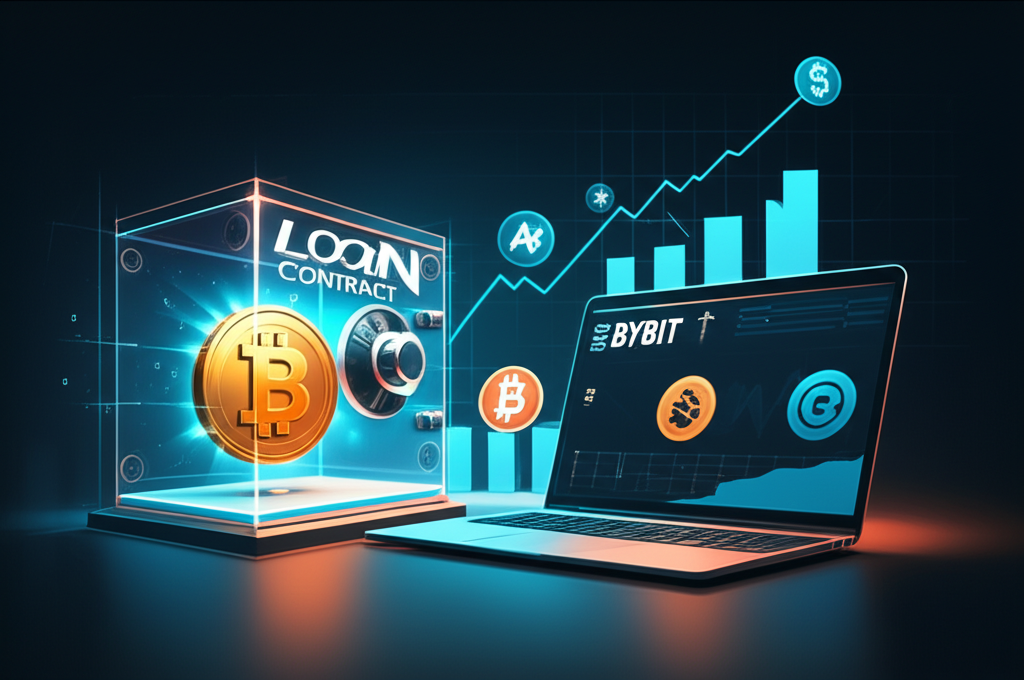Ilustração de Bitcoin como garantia em um cofre, ao lado de contrato de empréstimo e gráficos de stablecoins.