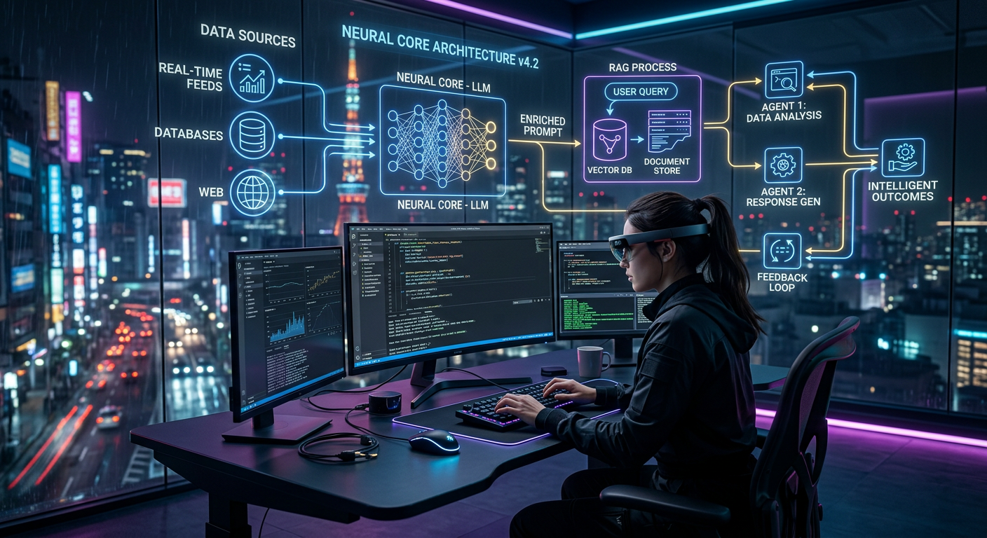 Desenvolvedor(a) focado(a) construindo um sistema de IA complexo com LLMs, RAG e agentes, em um ambiente de tecnologia avançada, simbolizando a Especialização em Engenharia de IA Dev + Eficiente.